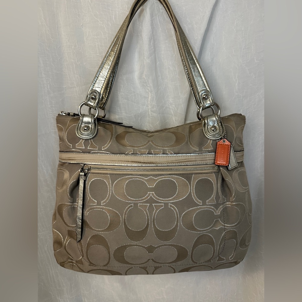 Coach Poppy metallic Signature Sateen Glam Tote Shoulder Bag